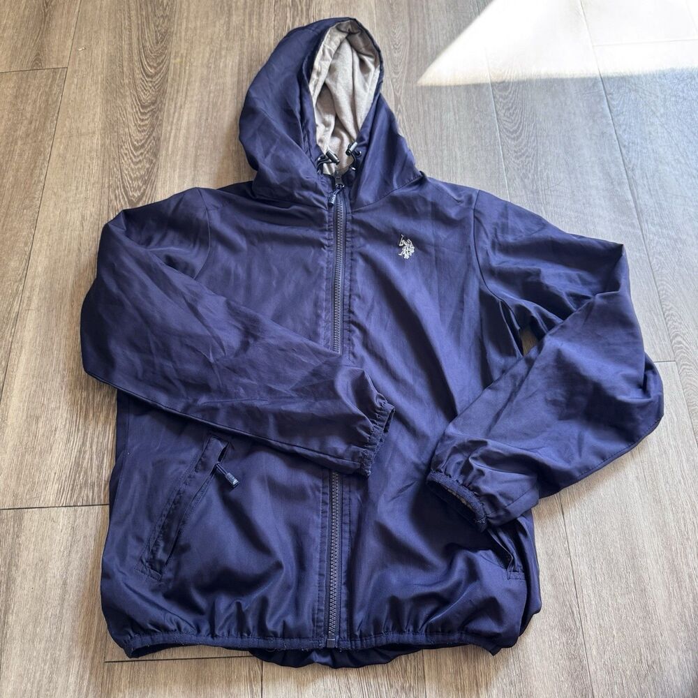 US Polo Assn. Hooded Jacket Reversible Windbreaker Zip-Front Blue Gray Women's S
